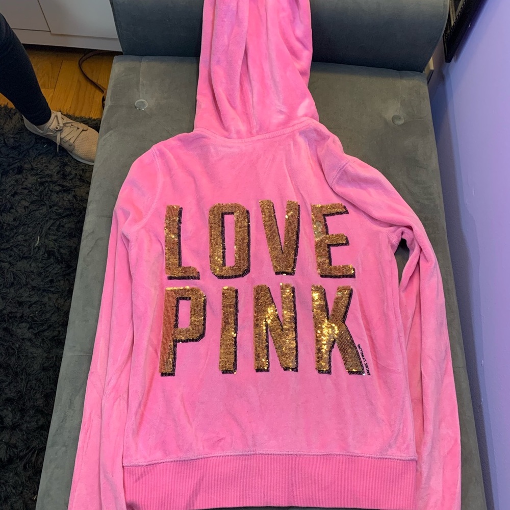 PINK bright pink and gold zip up hoodie